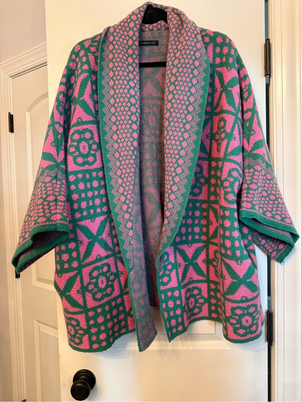 Cozy Pink and Teal Geometric Open Cardigan Cape